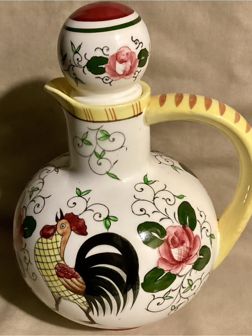 Vintage Ucagco Early Provincial ROOSTER and ROSES Carafe with Stopper